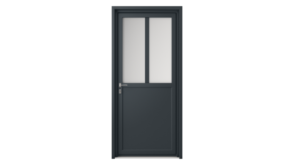 Porte d'entrée parclosé gamme lumière VARESE Porte d'entrée grise avec panneau plein en partie base et 2 parois vitrées en partie hausse